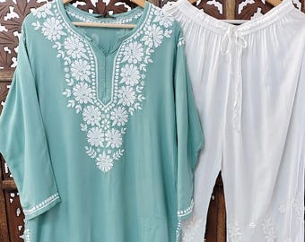 Handmade Rayon Kurta Palazzo Set: Lucknowi Chikankari, Ethnic Wear