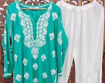 Women Handmade Rayon Kurta Palazzo Set: Lucknowi Chikankari Salwar Kameez