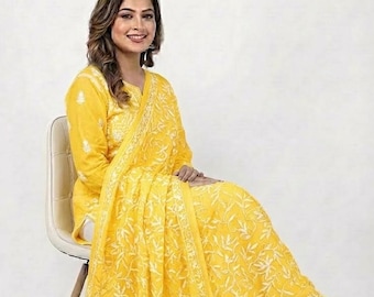 Dupatta lavorata a mano in tepchi Chikankari in giallo / Ricamo Lucknow fatto a mano / Elegante dupatta indiana