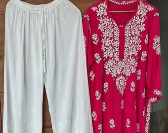 Pink Chikankari Kurta Palazzo Set - Plus Size Modal Cotton