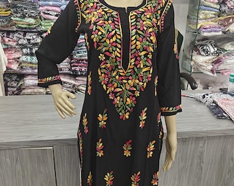 Black Rayon Chikankari Kurti, Lucknowi Hand Embroidered Kurta