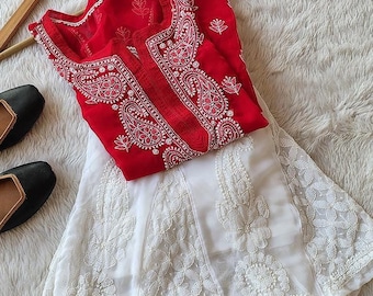 FREE SHARARA and Inner Red Handmade Lucknow Chikankari Georgette Chikan long Kurti Full Embroidery handwork Kurta Salwar Kameez sharara set