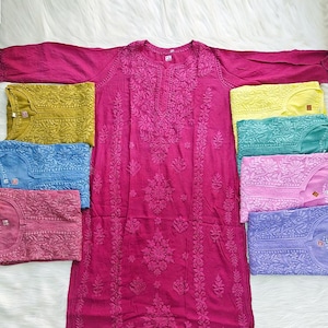 Women Handmade Muslin Chikankari Straight Kurti Ethnic Wear Lucknowi Chikankari Kurta / Muslin Straight Kurta/ Handmade Kurti