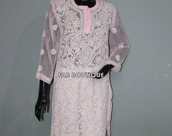 FREE INNER Handmade Chikankari Georgette Kurta Cotton Palazzo pant set Chikan Kurti Hand Embroided Women Kurta Salwar Kameez handcrafted