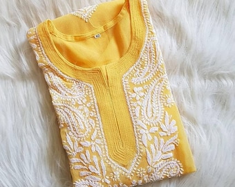 Indian Lucknow Chikankari Premium Cotton Tunic Kurti Full Embroidary Lucknow Chikankari Kurta work