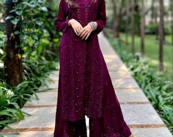 FREE INNER Handmade Chikankari Mukaish Viscose Georgette Kurta Palazzo Set Ethnic Party Wear Lucknowi Chikan Salwar Kameez Dress