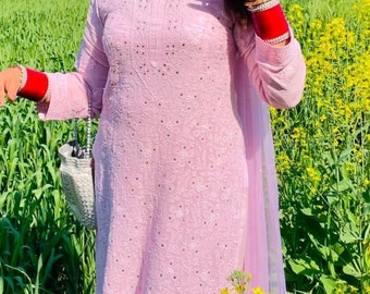 Handgjord Viskos Chikankari Kurti Palazzo Set - Lucknowi Ethnic Wear