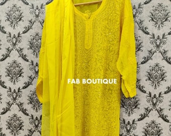 FREE INNER Women Lucknowi Chikankari Viscose Georgette Kurta with Dupatta Ethnic Summer Wear Chikan Kurti Hand Embroided Chikan Kurta