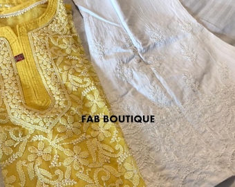 FREE INNER Lucknawi Chikankari Georgette Kurta Cotton Palazzo pant set Chikan Kurti Hand Embroided Women Kurta Salwar Kameez handcrafted