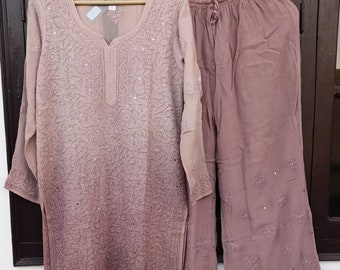 Women Handmade Viscose Chikankari Kurti Palazzo Set with Dupatta Ethnic Wear Lucknowi Chikenkari Kurta Set / Mukaish Work Straight Kurti