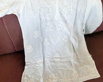 White Chikankari Rayon Short Top, Embroidered Ethnic Kurti