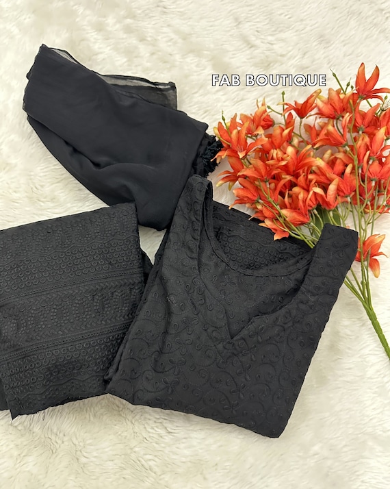 Black Hacoba Cotton Chikankari Salwar Kameez with Dupatta