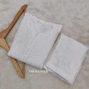 White Handmade Cotton Kurta Pant Set Lucknowi Chikankari Ethnic Party Wear Dress/ Chikan Kurta/ Chikankari Dress/ Women Wear Dress