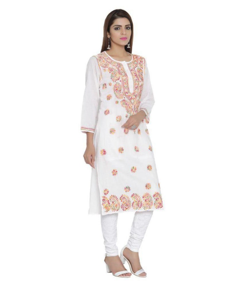 New Lucknawi chikan PURE Cotton Kurti Beachwear A line Tunic Kurta Full thread work block prints Hand embroidery Chikankari kaftan long