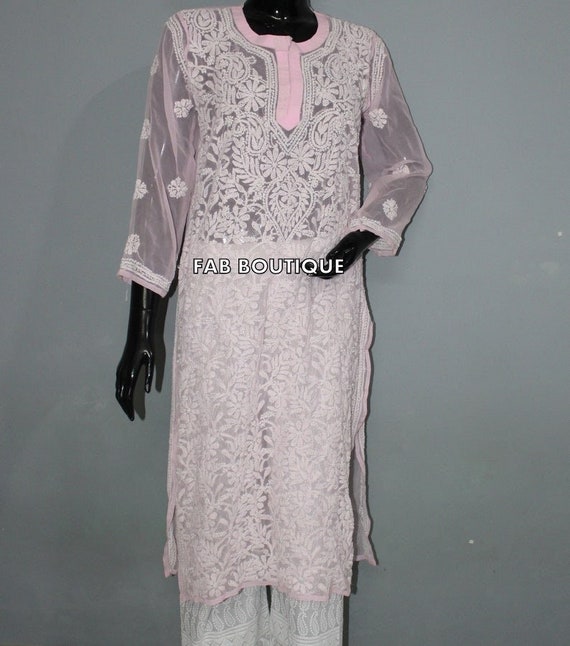 FREE INNER Handmade Chikankari Georgette Kurta Cotton Palazzo Pant