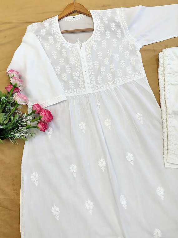 Haut Femme Kurta / Kurti Indien Ethnique - Brodé Chikan - Coton - Taille 18 - Blanc - Neuf Avec Étiquettes - Créateur