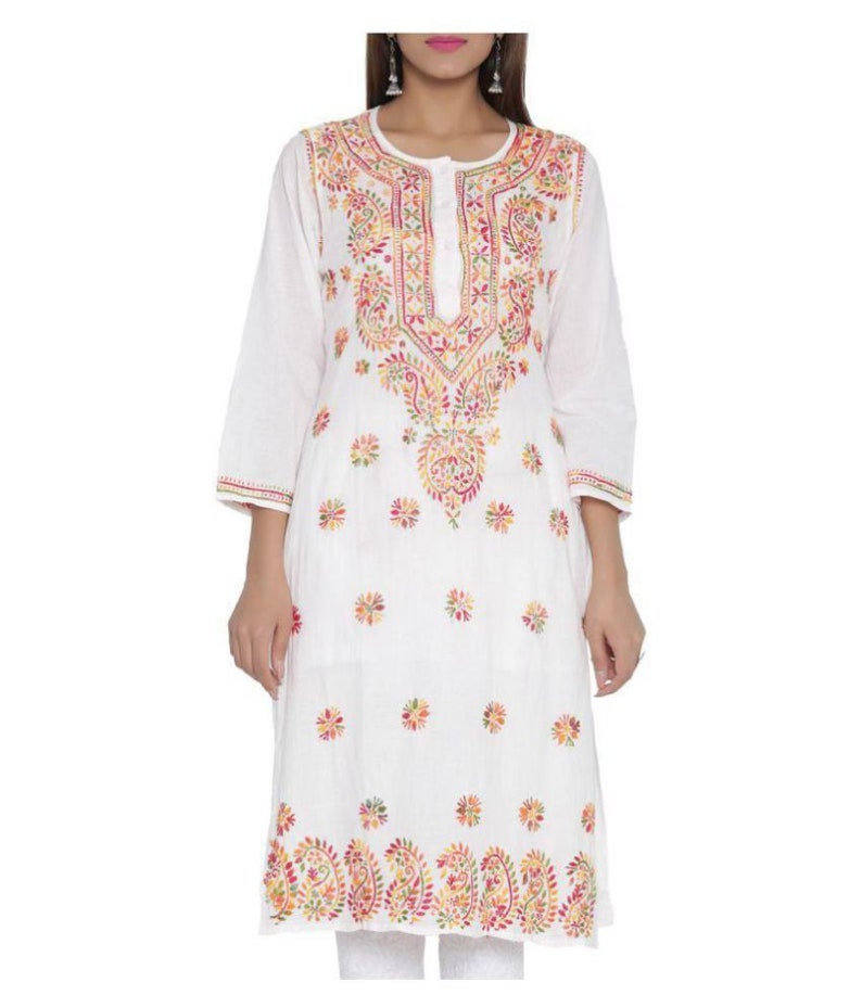 New Lucknawi chikan PURE Cotton Kurti Beachwear A line Tunic Kurta Full thread work block prints Hand embroidery Chikankari kaftan long