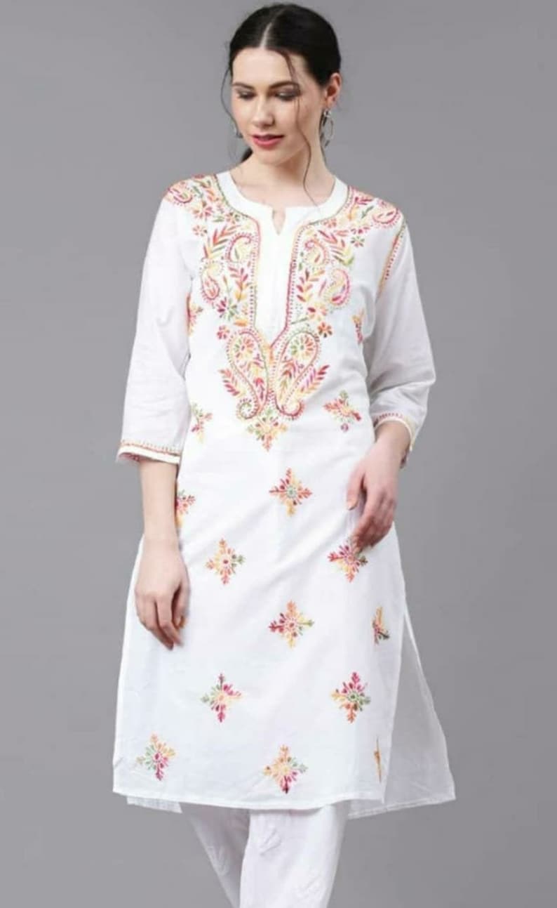 Lucknowi Chikankari Pure cotton summer Tunic Kurti short Chikan kurta thread work shirt boho look beach wear Indo western ethnic ethnic