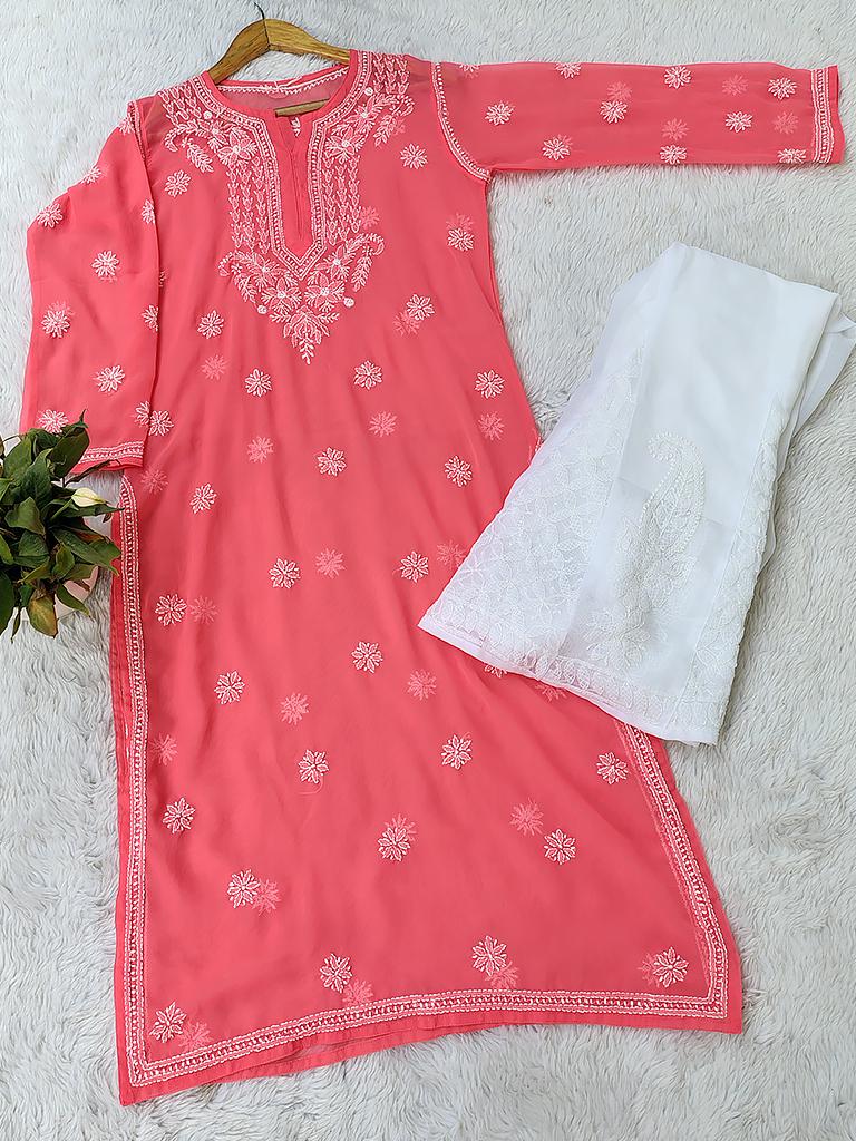 FREE INNER Handmade Lucknow Chikankari Georgette Chikan Long Kurti Full ...
