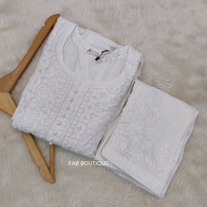 White Handmade Cotton Nyra Cut Kurti Pant Set Lucknowi Chikankari Ethnic Party Wear Dress/ Chikan Kurta/ Chikankari Dress/ Straight Kurti