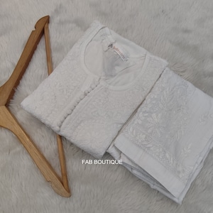 White Handmade Cotton Short Kurta Pant Set Lucknowi Chikankari Ethnic Party Wear Dress/ Chikan Kurta/ Chikankari Dress/ Women Wear Dress