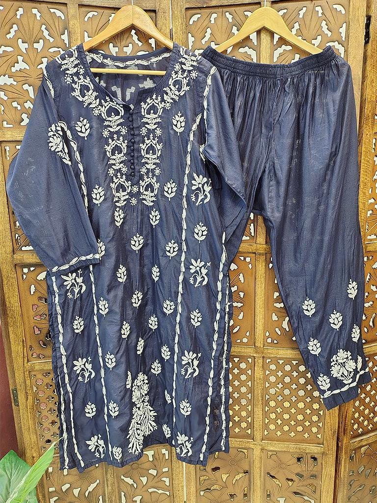 Navy Blue Chanderi Chikankari Kurti Palazzo Set Ethnic Wear Lucknowi Chikan Straight Kurta Indian Salwar Kameez Festive and Casual Wear