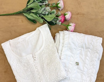 White Cotton Kurta Pant Set, Lucknowi Chikankari Embroidery, Party Wear