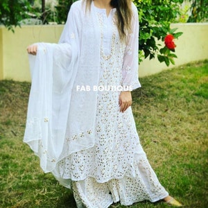 Free Inner Women Handmade White Gota Patti Chikankari kurta Sharara Set with Dupatta Ethnic Summer Wear Lucknawi Chikan Hand Embroided Kurti