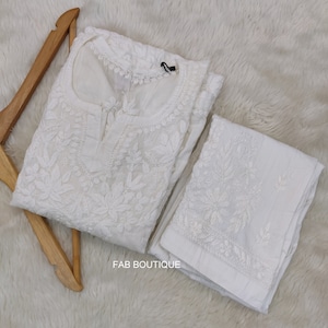 Women White Handmade Mulmul Cotton Kurta Pant Set Lucknowi Chikankari Ethnic Party Wear Dress/ Chikan Kurta/ Chikankari Dress