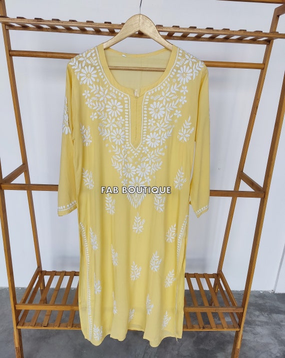 Light yellow Women's cotton chikan kurti set