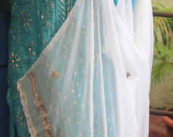Handmade Chikankari Gota Patti Dupatta - White Georgette Scarf