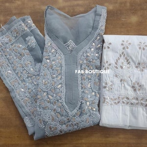 Free Inner Women Handmade Georgette Gota Patti Chikankari kurta Pant Set Ethnic Wear Salwar Kameez Lucknowi Chikan Kurti Pant Dress SET