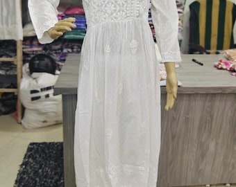Handmade Lucknowi Chikan Dobby Cotton Angrakha Kurti, Festive Wear Gown