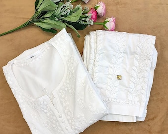 White Cotton Kurta Pant Set: Lucknowi Chikankari Embroidery