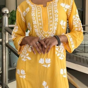 Kurti Chikankari recto de modal bordado a mano, hecho a mano, étnico, cómodo, para mujer, informal