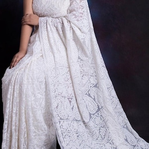 Women Georgette Chikankari All Over Work Saree With Attached Blouse  Lucknawi Chikankari Ethnic Wear Women Chikan Sari Indian Handcrafts