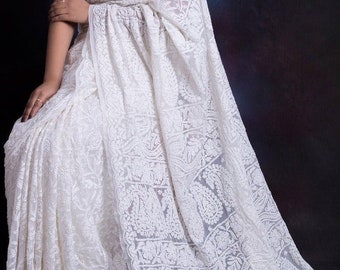 Mujeres Georgette Chikankari Sari de trabajo con blusa adjunta Lucknawi Chikankari Ropa étnica Mujeres Chikan Sari Artesanías indias
