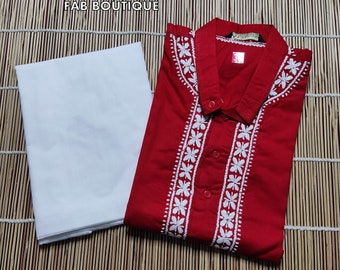 Conjunto de pijama masculino de algodão Kurta, bordado Lucknowi Chikankari
