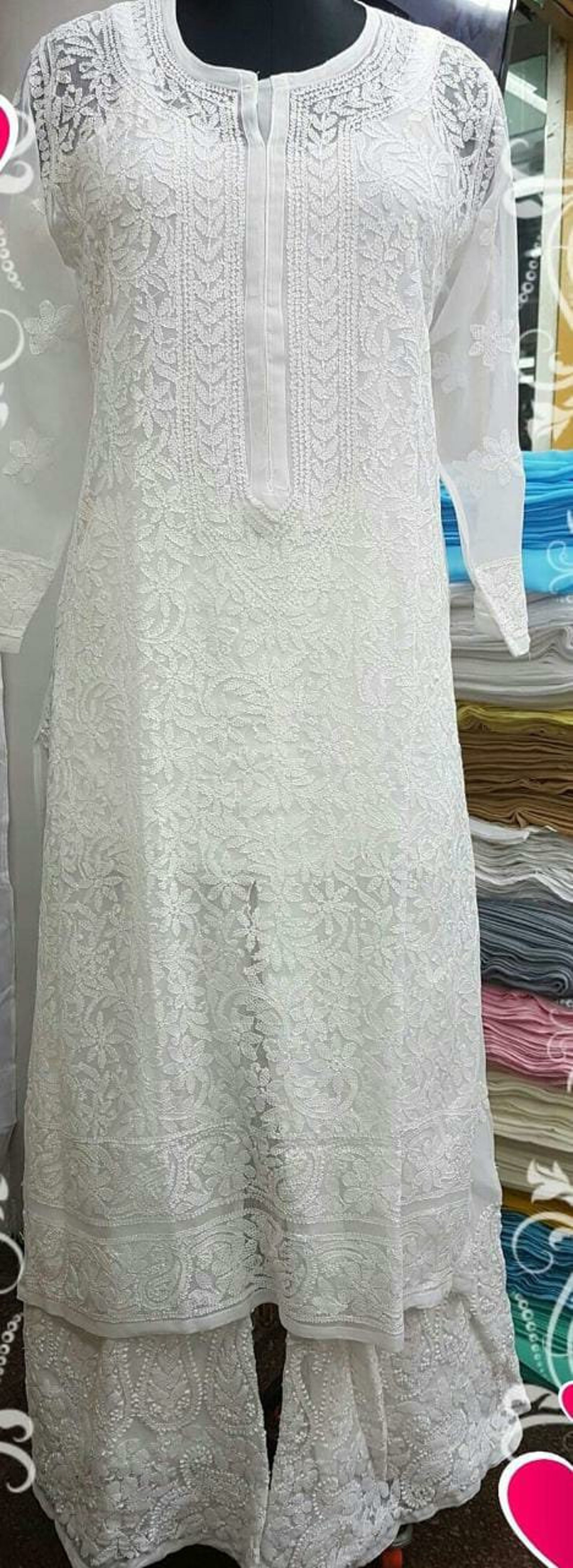 Lucknow Cloth Pattern White Lucknow Chikankari Kurti Sharara Set: Hand-embroidered Georgette ...