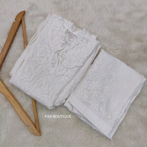 White Handmade Muslin Anarkali Kurti Pant Set Lucknowi Chikankari Ethnic Party Wear Dress/ Chikan Kurta/ Chikankari Dress/ Muslin Anarkali