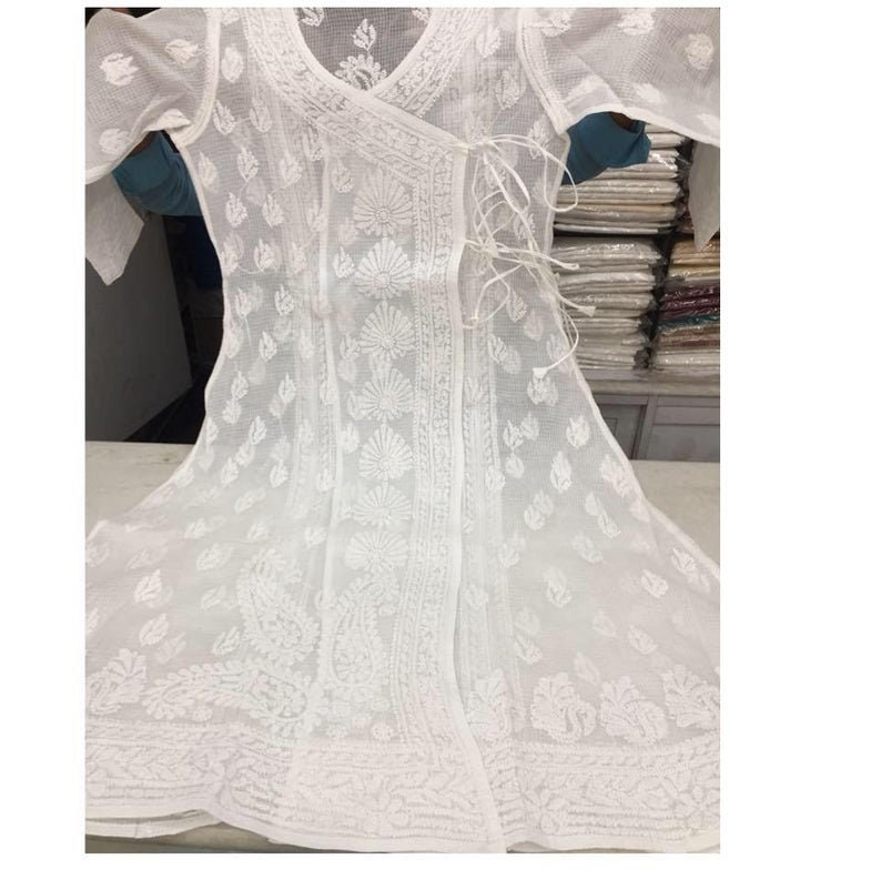 Sara Ali Khan Valentine Special White Georgette Chikankari Angarkha Kurta Women Ethnic Festive Wear Lucknawi Chikan Kurti Kurta Shirt