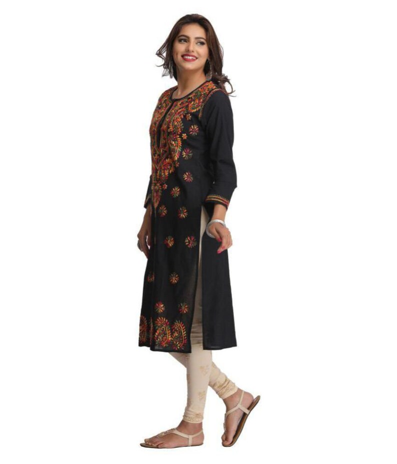 New Lucknawi chikan PURE Cotton Kurti Beachwear A line Tunic Kurta Full thread work block prints Hand embroidery Chikankari kaftan long