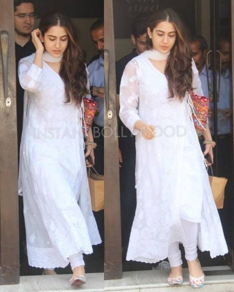 Sara Ali Khan Valentine Special White Georgette Chikankari Angarkha Kurta Women Ethnic Festive Wear Lucknawi Chikan Kurti Kurta Shirt