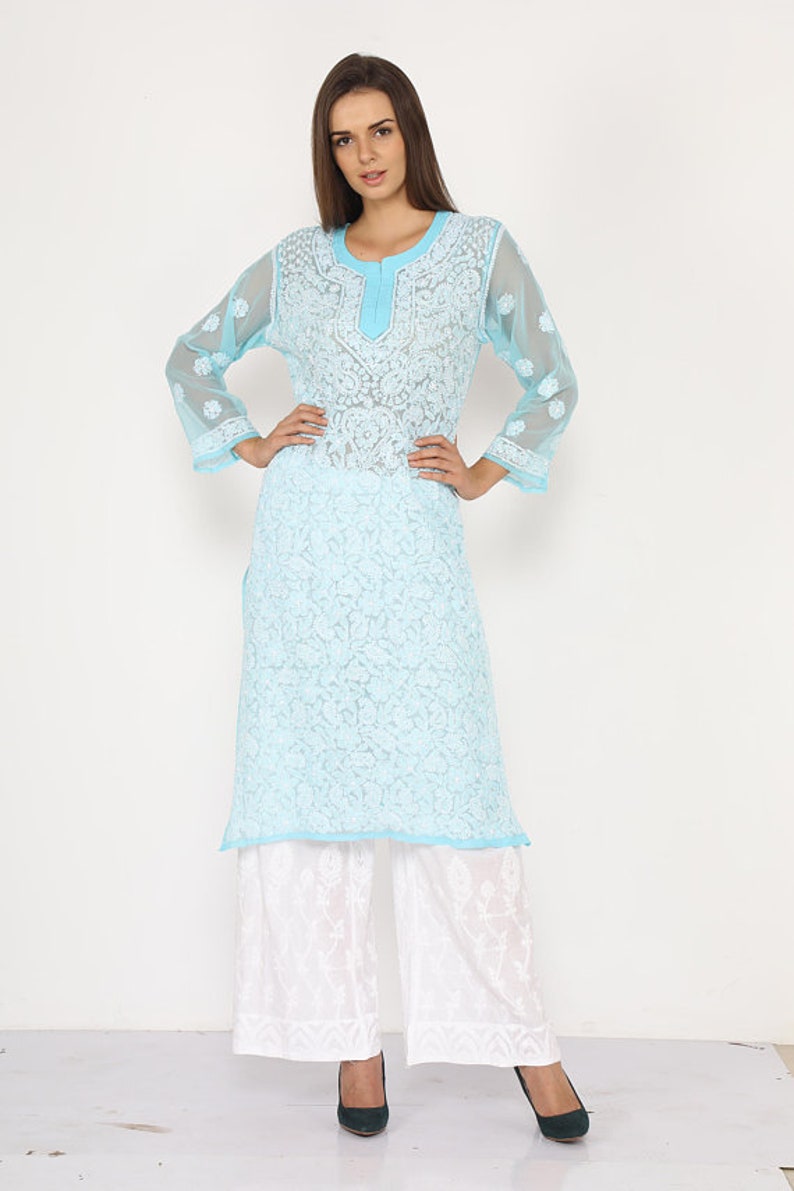 Blue Handmade Lucknowi Chikankari Kurta Ethnic Etsy