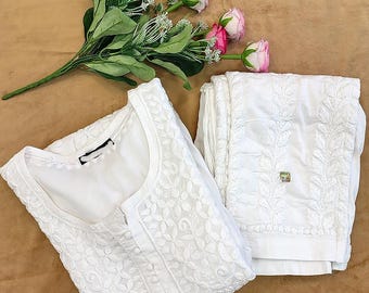 White Cotton Chikankari Kurta Pant Set, Ethnic Party Wear