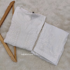 Women White Handmade Modal Cotton Kurta Pant Set Lucknowi Chikankari Ethnic Party Wear Dress/ Chikan Kurta/ Chikankari Dress/ Modal Set