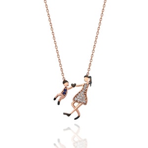 Collana in oro rosa mamma e figlio, collana madre e figlio, ciondolo madre e ragazzo, festa della mamma, gioielli in argento sterling 925