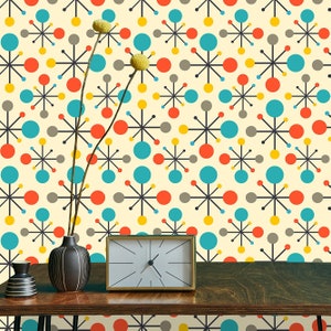 Retro Wallpaper, Mid Century Wallpaper, Vintage Wallpaper, Starburst Wallpaper, Peel and Stick Wallpaper, Fabric Wallpaper