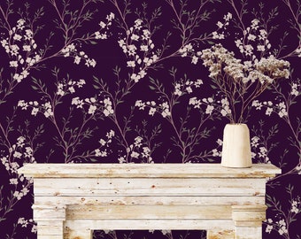 Dark Wallpaper, Purple Wallpaper, Antique Wallpaper, Floral Wallpaper, Flower Peel and Stick Wallpaper, Fabric Wallpaper