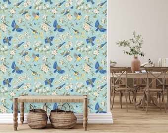 Chinoiserie Wallpaper, Bird Wallpaper, Cottage Wallpaper, Botanical Wallpaper, Garden Wallpaper, Peel and Stick Wallpaper, Fabric Wallpaper